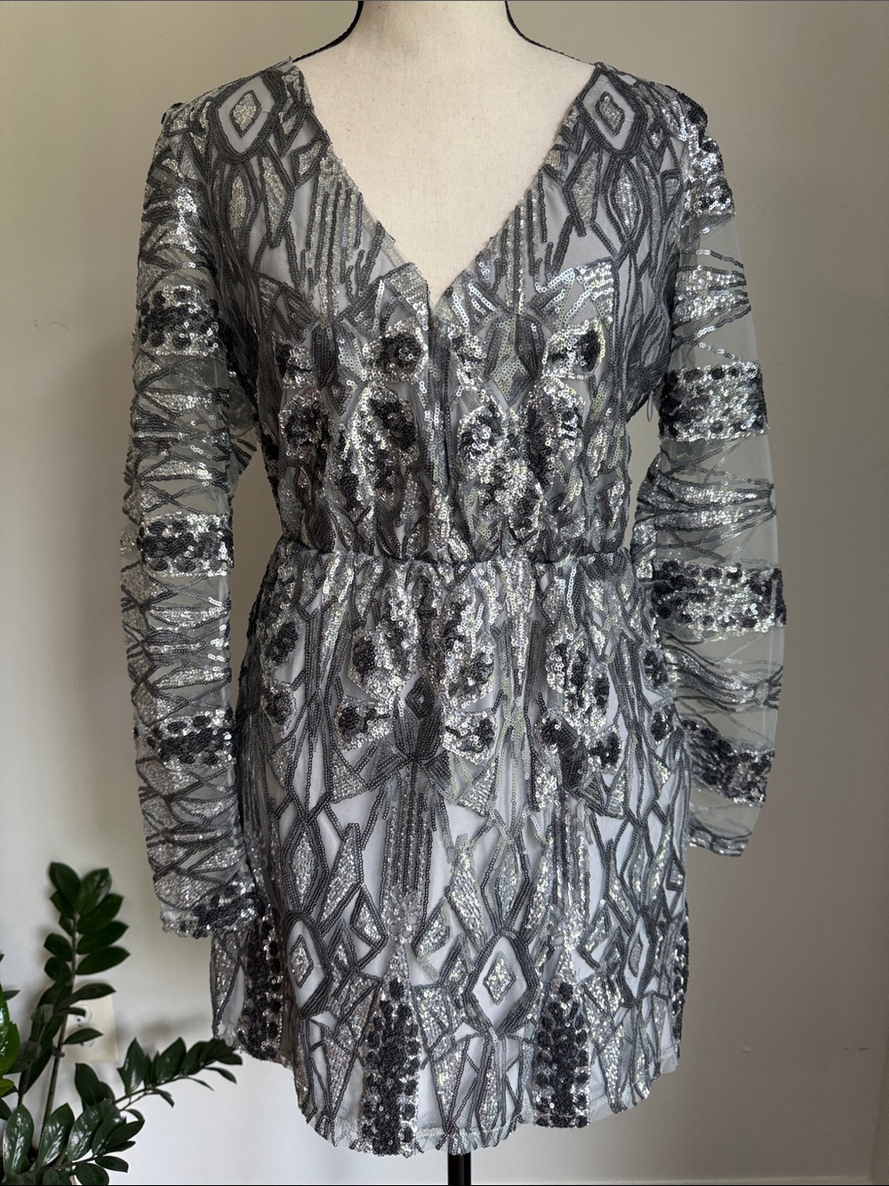 bebe Silver Sequined Long Sleeve V-Neck Mini Dress